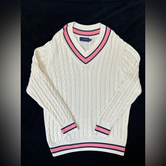 Vineyard Vines Varsity V-Neck Cotton Sweater Cream and Pink Cable Knit Sz L - Picture 1 of 16